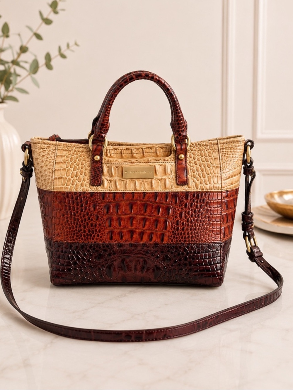 Brahmin Melbourne Croc Embossed Leather Satchel Crossbody Ombre Brown Tan